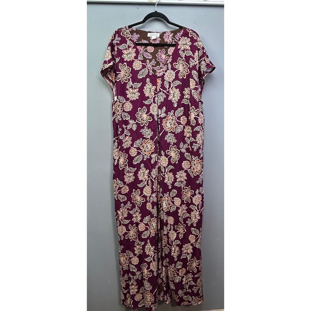 Coldwater Creek Dress Women 2X Purple Floral Maxi V-Neck Short Sleeve Pockets